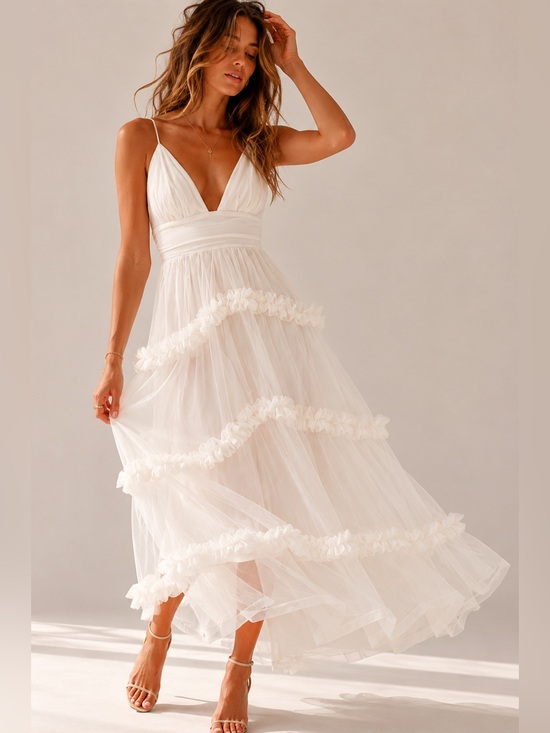 saints + secrets Dresses & Skirts - Saints & Secrets White Tiered Tulle Midi hi-low Dress